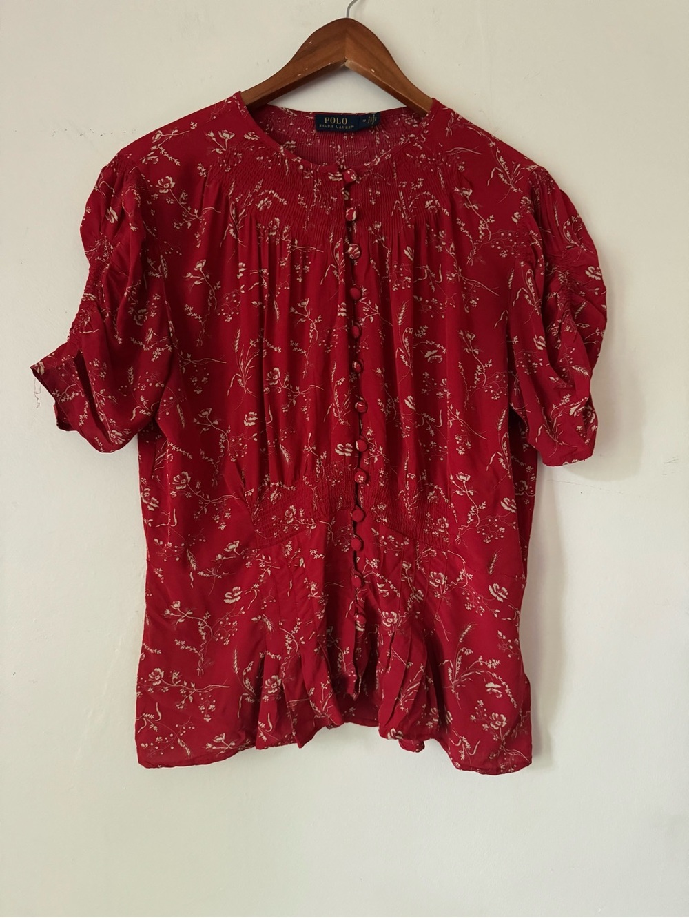 Polo Ralph Lauren Red Floral Puff-Sleeve Peplum Top - Size 12 - Picture 2 of 7